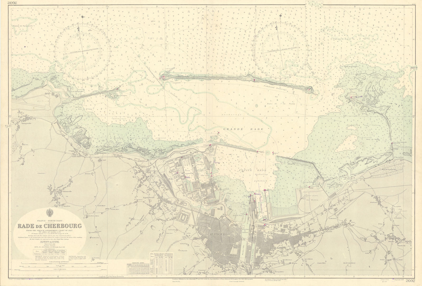 Rade de Cherbourg. Manche France. ADMIRALTY sea chart 1930 (1954) old map